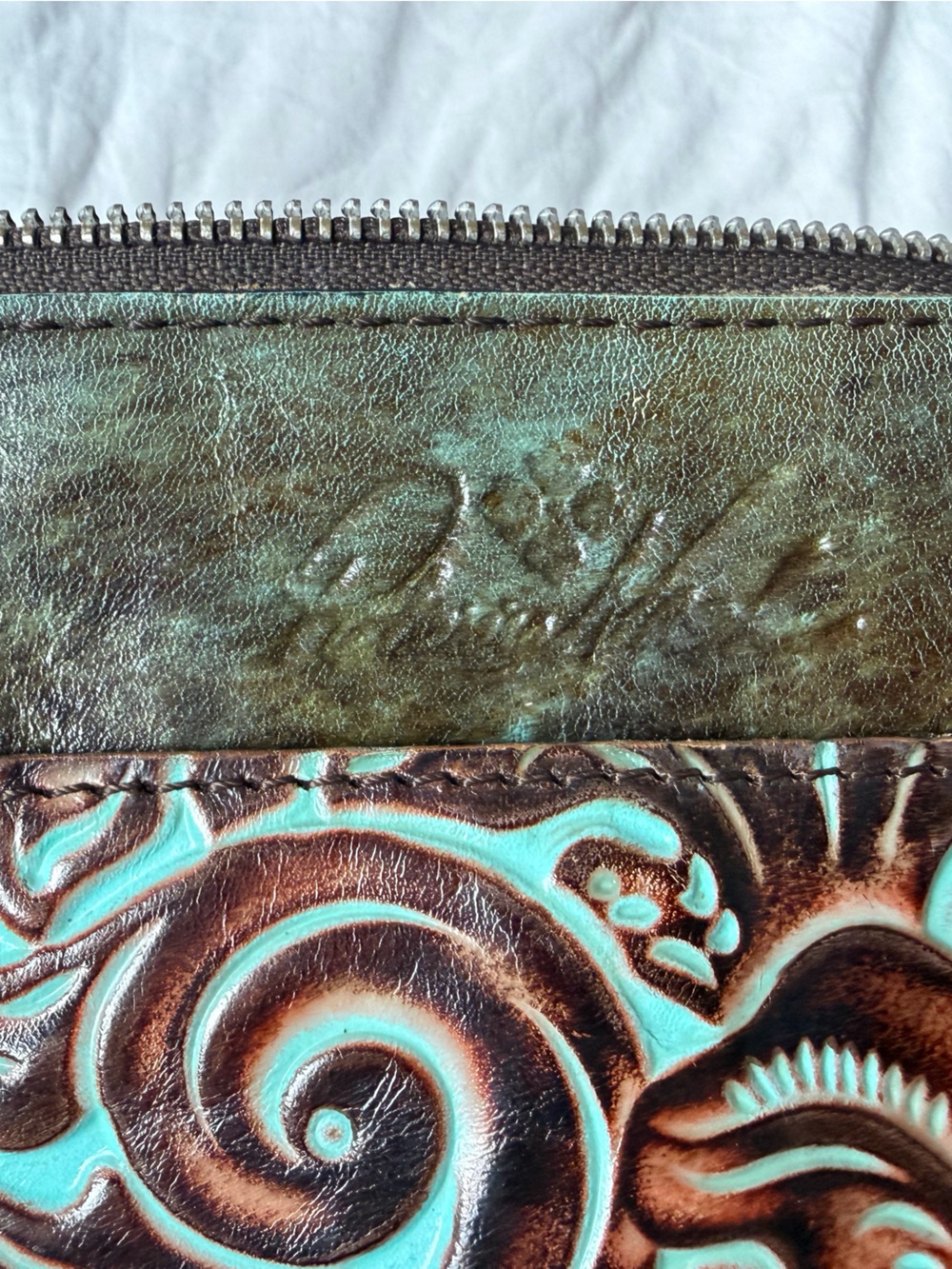 Patricia Nash Teal Brown Tooled Leather Crossbody Bag - Picture 7 of 7
